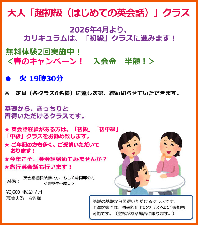 超初級クラス(はじめての英会話)